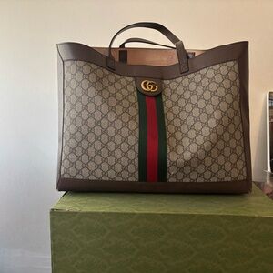 Gucci Brown and Green Briefcase with Signature Style